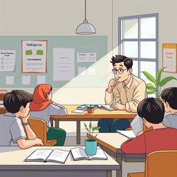 Ilustrasi menggambarkan peran guru bimbingan dan konseling dalam suasana kelas yang cerah dan bersahabat