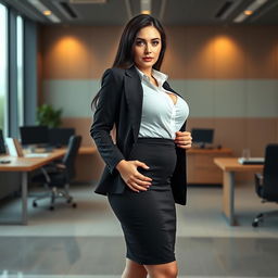 A striking scene featuring a 20-year-old Spanish female secretary standing confidently in front of a chic office backdrop