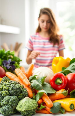A vibrant and colorful arrangement of healthy foods, showcasing a variety of fresh vegetables like broccoli, carrots, bell peppers, and spinach