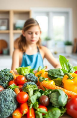 A vibrant and colorful arrangement of healthy foods, showcasing a variety of fresh vegetables like broccoli, carrots, bell peppers, and spinach