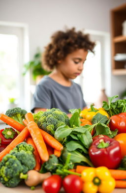 A vibrant and colorful arrangement of healthy foods, showcasing a variety of fresh vegetables like broccoli, carrots, bell peppers, and spinach