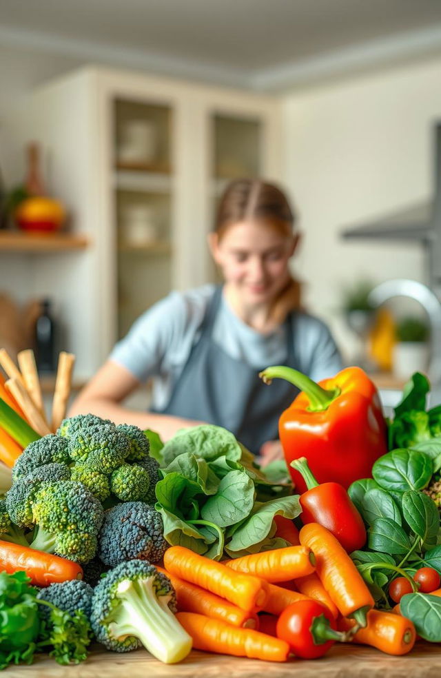 A vibrant and colorful arrangement of healthy foods, showcasing a variety of fresh vegetables like broccoli, carrots, bell peppers, and spinach