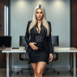 A striking scene featuring a 20-year-old Spanish female secretary standing confidently in front of a stylish office backdrop