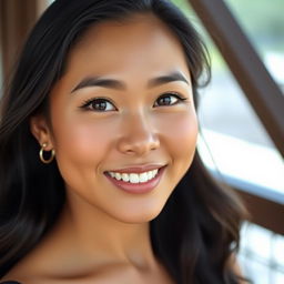 A beautiful Indonesian woman with a round face and fair skin, featuring striking black eyes that sparkle with warmth and joy
