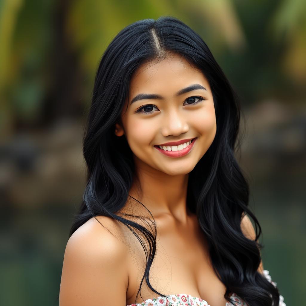 A beautiful Indonesian woman with a round face and fair skin, featuring striking black eyes that sparkle with warmth and joy