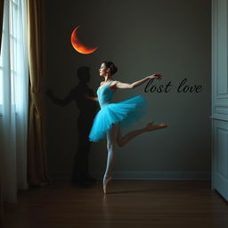 A ballerina dressed in a stunning cyan colored costume, gracefully performing an arabesque beside a window that is partially curtained