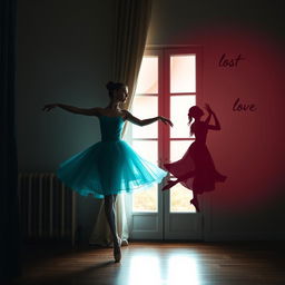 A ballerina dressed in a stunning cyan colored costume, gracefully performing an arabesque beside a window that is partially curtained