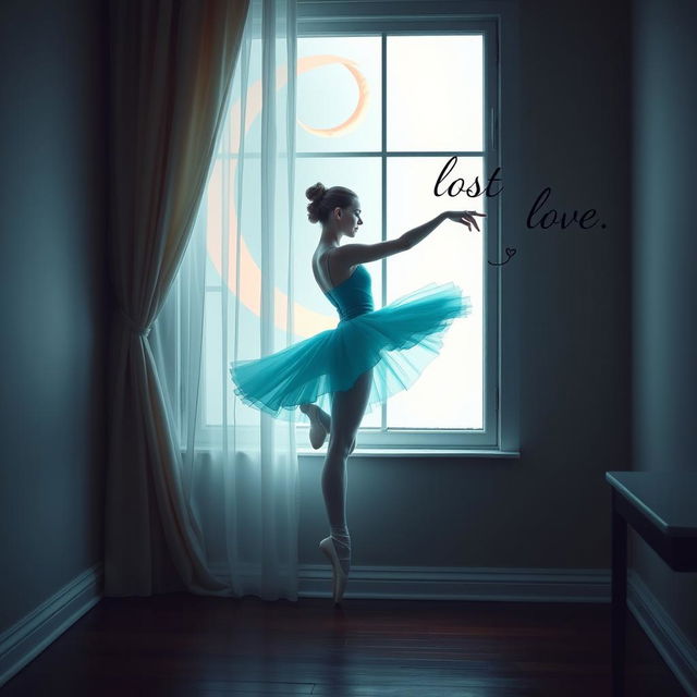 A ballerina dressed in a stunning cyan colored costume, gracefully performing an arabesque beside a window that is partially curtained