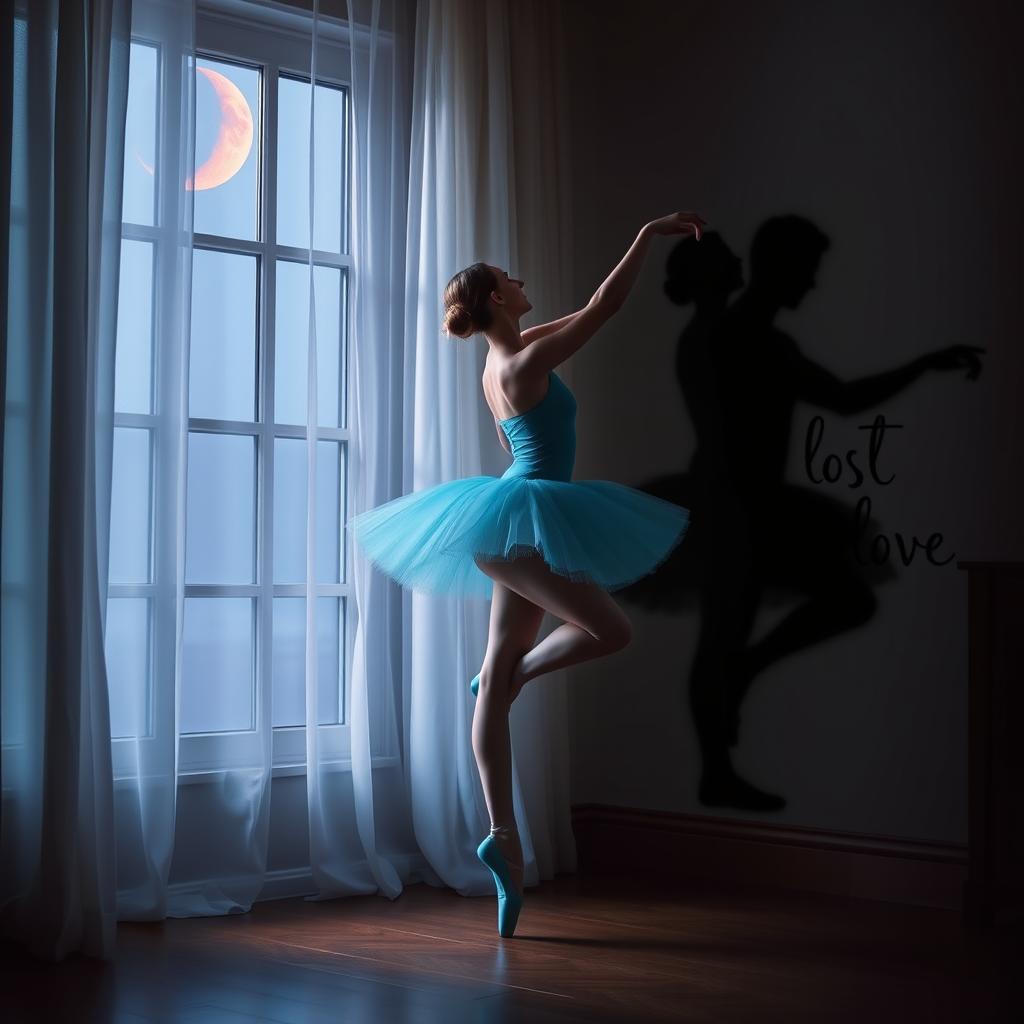 A ballerina dressed in a stunning cyan colored costume, gracefully performing an arabesque beside a window that is partially curtained