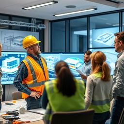 An office scene featuring a BIM coordinator in action at a modern construction project