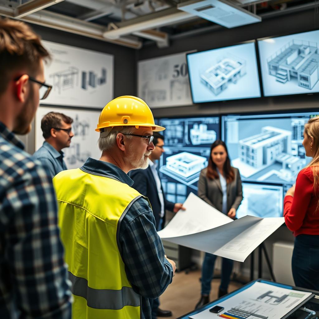 An office scene featuring a BIM coordinator in action at a modern construction project