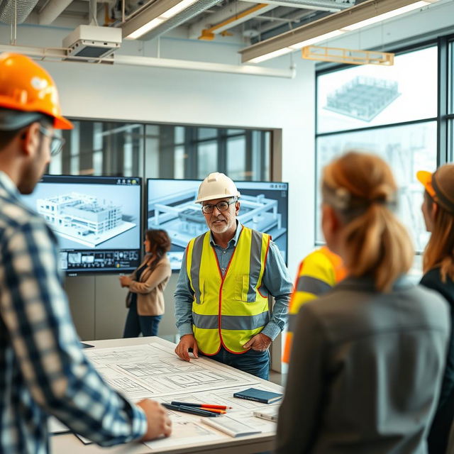 An office scene featuring a BIM coordinator in action at a modern construction project