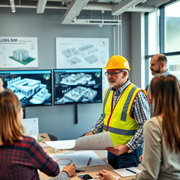 An office scene featuring a BIM coordinator in action at a modern construction project