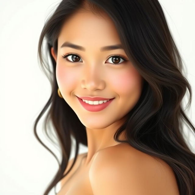 A full-body portrait of a beautiful Indonesian woman with a round face and bright skin, showcasing her mesmerizing black eyes and constant smile