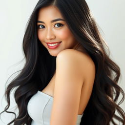 A full-body portrait of a beautiful Indonesian woman with a round face and bright skin, showcasing her mesmerizing black eyes and constant smile