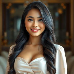 A stunning full-body portrait of a beautiful Indonesian woman with a round face and radiant skin, showcasing her captivating black eyes and a warm, inviting smile