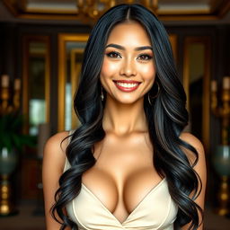A stunning full-body portrait of a beautiful Indonesian woman with a round face and radiant skin, showcasing her captivating black eyes and a warm, inviting smile