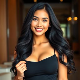 A stunning full-body portrait of a beautiful Indonesian woman with a round face and bright skin, showcasing her captivating black eyes and a warm, inviting smile