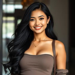 A stunning full-body portrait of a beautiful Indonesian woman with a round face and bright skin, showcasing her captivating black eyes and a warm, inviting smile
