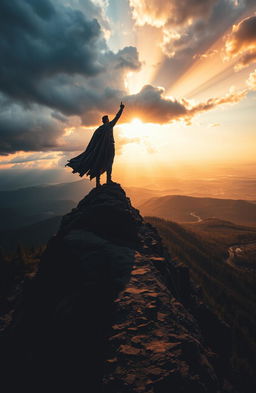 A heroic figure standing triumphantly on a mountain peak at sunrise, overlooking a vast landscape of forests and valleys, with storm clouds parting to reveal rays of sunlight shining down