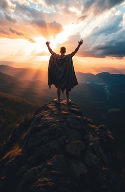 A heroic figure standing triumphantly on a mountain peak at sunrise, overlooking a vast landscape of forests and valleys, with storm clouds parting to reveal rays of sunlight shining down