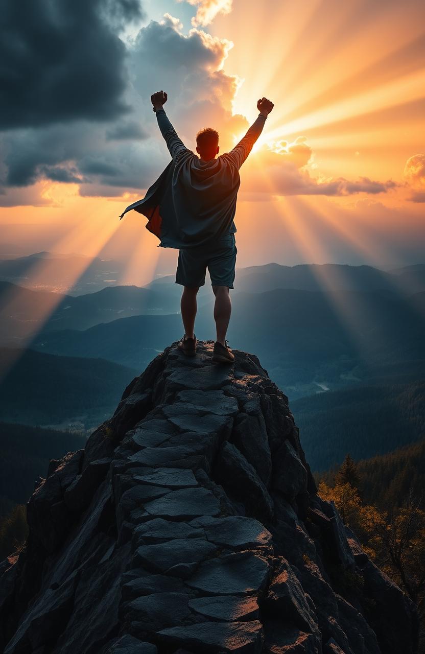 A heroic figure standing triumphantly on a mountain peak at sunrise, overlooking a vast landscape of forests and valleys, with storm clouds parting to reveal rays of sunlight shining down