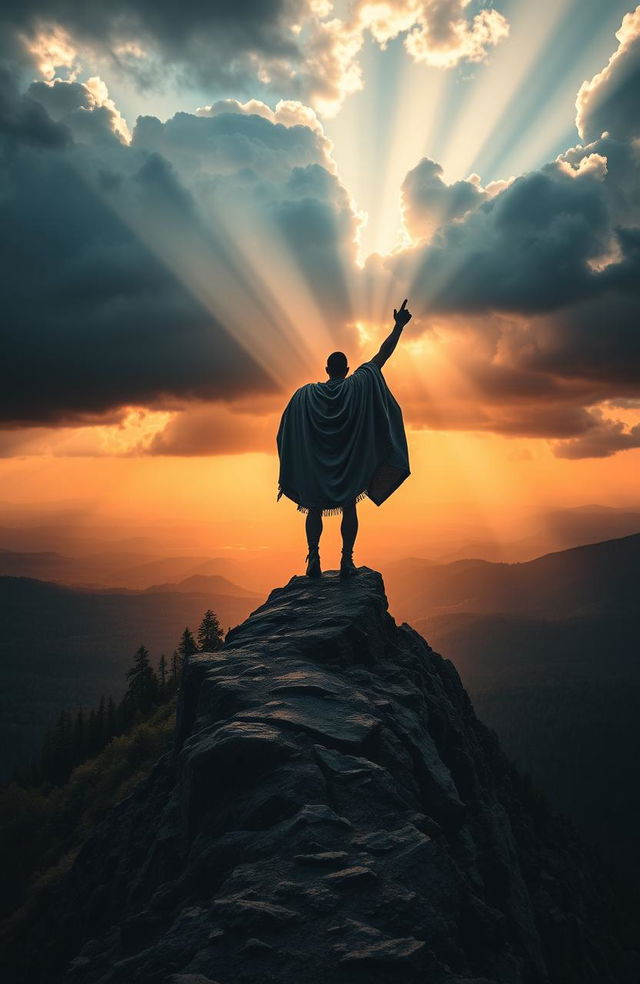 A heroic figure standing triumphantly on a mountain peak at sunrise, overlooking a vast landscape of forests and valleys, with storm clouds parting to reveal rays of sunlight shining down