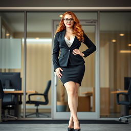A 20-year-old Irish female secretary with a curvy body standing confidently in front of a modern office