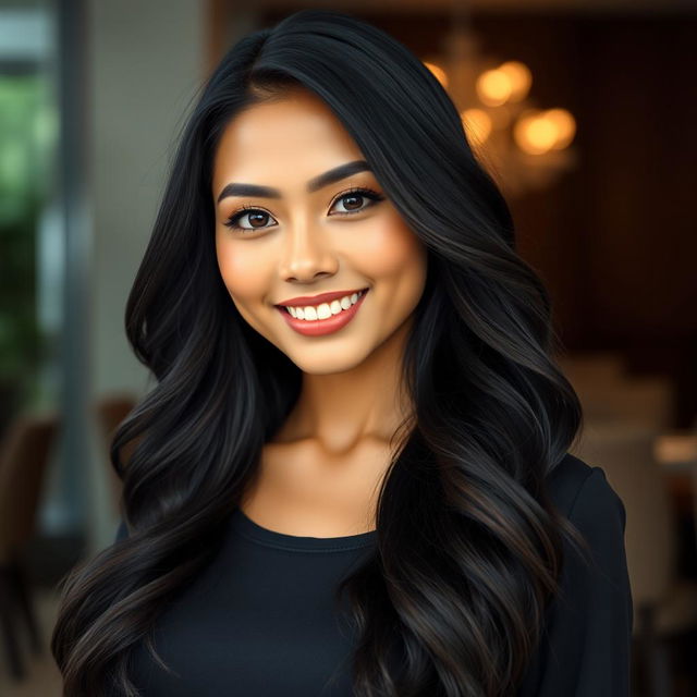 A full-body portrait of a beautiful Indonesian woman with a round face and radiant skin, emphasizing her captivating black eyes and a warm, constant smile