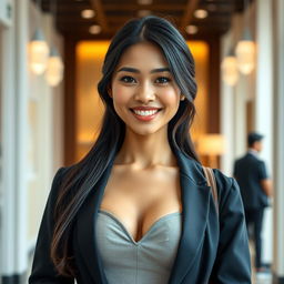 A full-body portrait of a beautiful Indonesian woman with a round face and radiant skin, emphasizing her captivating black eyes and a warm, constant smile