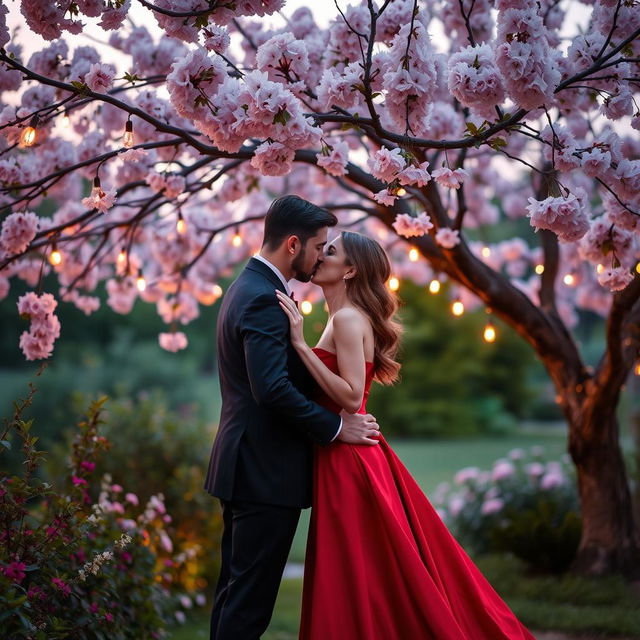 A romantic scene set in a beautiful, secluded garden during twilight, where a couple is sharing a passionate kiss under a blooming cherry blossom tree