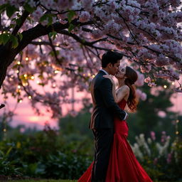 A romantic scene set in a beautiful, secluded garden during twilight, where a couple is sharing a passionate kiss under a blooming cherry blossom tree
