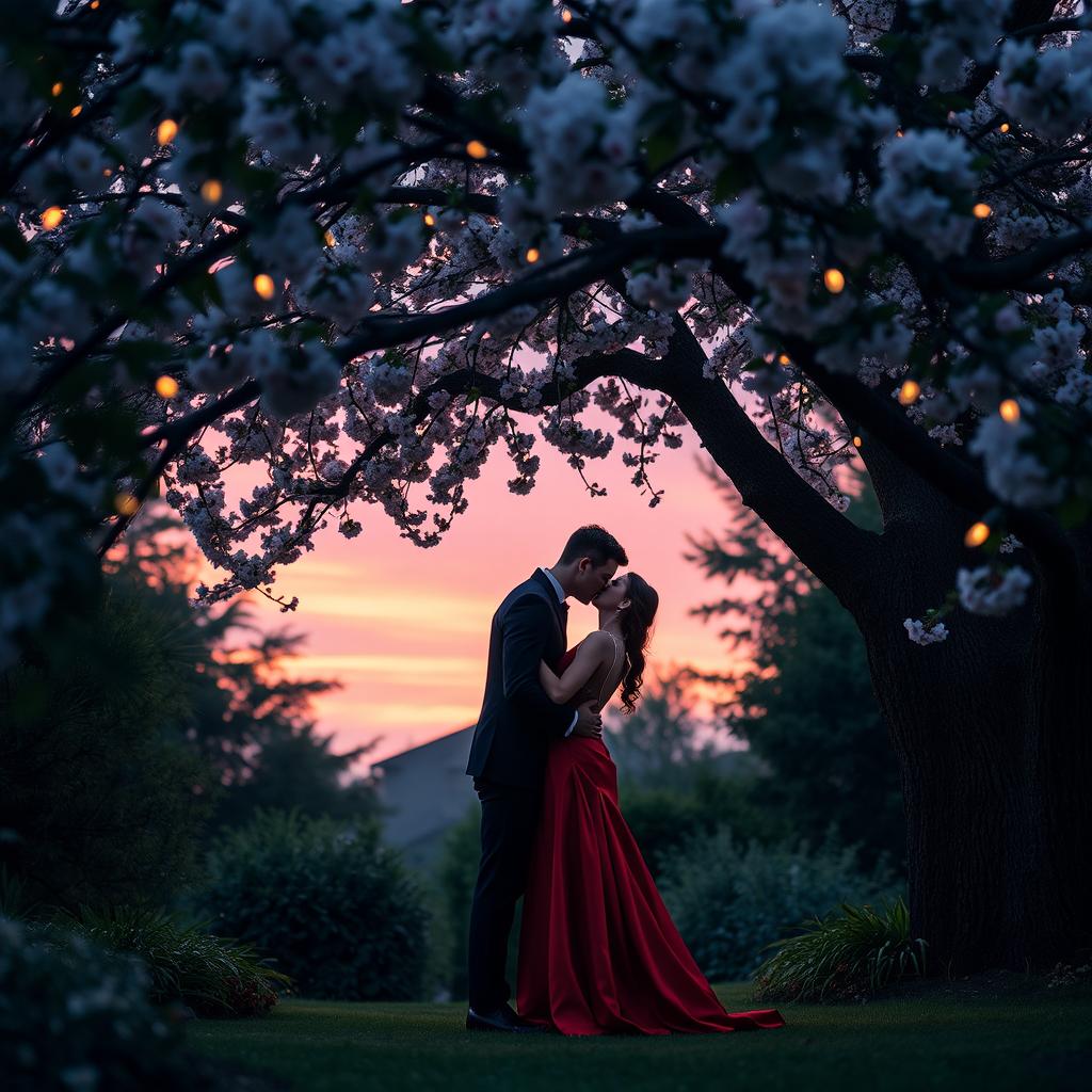 A romantic scene set in a beautiful, secluded garden during twilight, where a couple is sharing a passionate kiss under a blooming cherry blossom tree