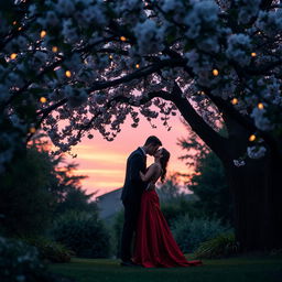 A romantic scene set in a beautiful, secluded garden during twilight, where a couple is sharing a passionate kiss under a blooming cherry blossom tree