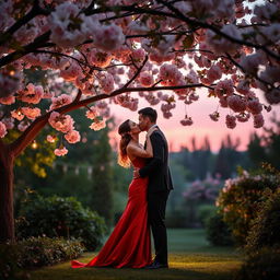 A romantic scene set in a beautiful, secluded garden during twilight, where a couple is sharing a passionate kiss under a blooming cherry blossom tree