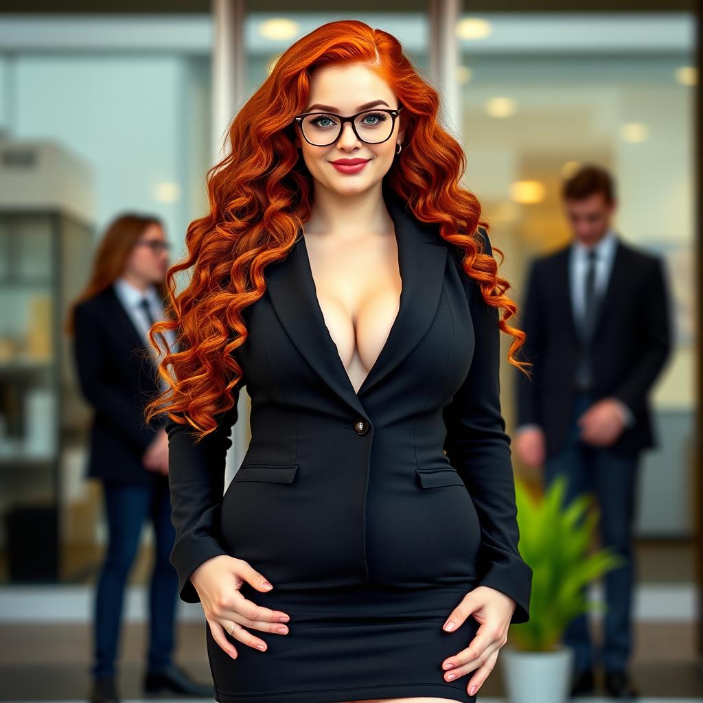 A 20-year-old female Irish secretary with a curvy body, standing proudly in front of a modern office