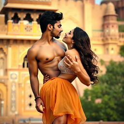 A sensual scene featuring Nushrat Bharucha as a college girl at a stunning Rajasthani fort