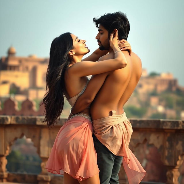 A sensual scene featuring Nushrat Bharucha as a college girl at a picturesque Rajasthani fort