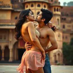 A sensual scene featuring Nushrat Bharucha as a college girl at a picturesque Rajasthani fort