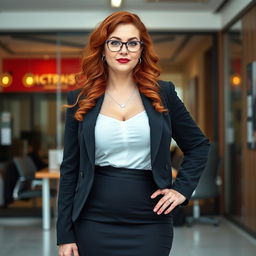 A 50-year-old female boss with a curvy body and XL breasts standing assertively in front of a modern office