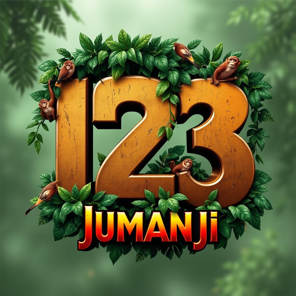 A logo design featuring the numbers '12' and '3' creatively integrated with a Jungle theme inspired by Jumanji