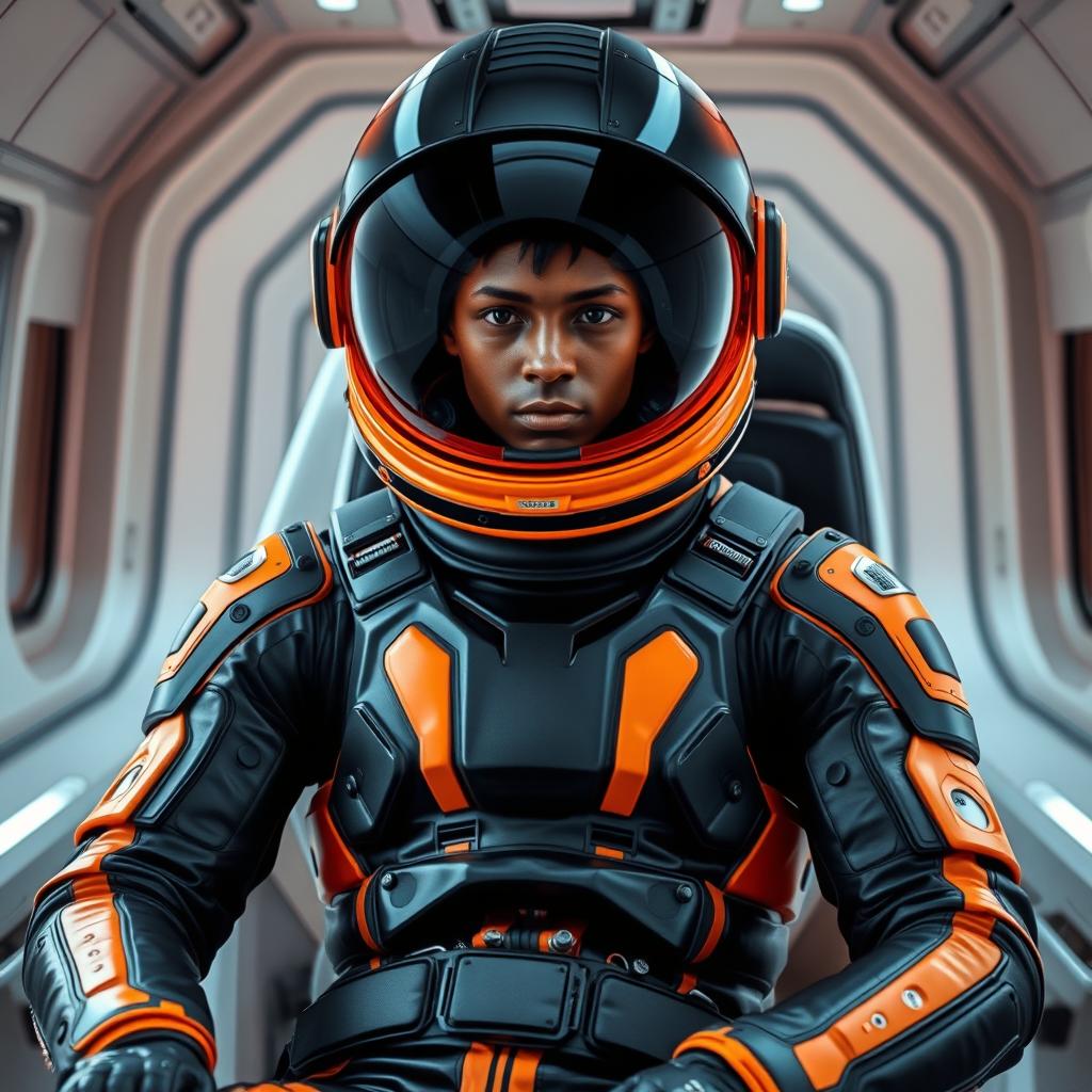 A futuristic astronaut in a sleek, high-tech space suit featuring a glossy black and bright orange color scheme