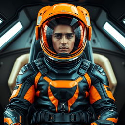 A futuristic astronaut in a sleek, high-tech space suit featuring a glossy black and bright orange color scheme