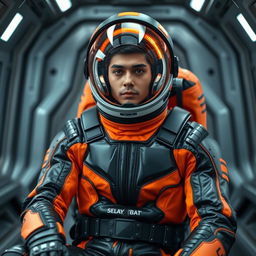 A futuristic astronaut in a sleek, high-tech space suit featuring a glossy black and bright orange color scheme