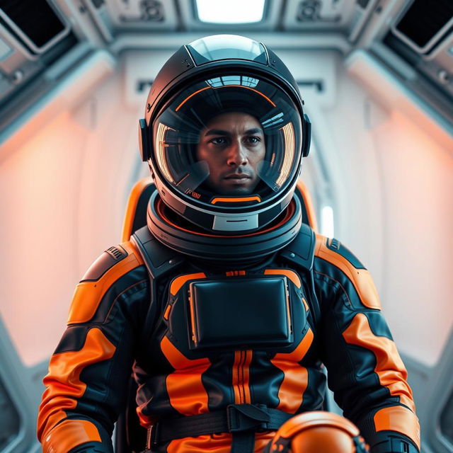 A futuristic astronaut in a sleek, high-tech space suit featuring a glossy black and bright orange color scheme