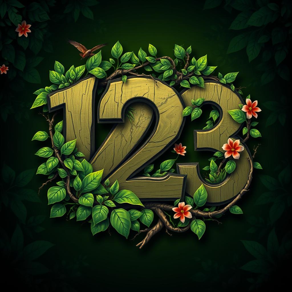 A logo design featuring the numbers '12-3' artistically integrated with a Jungle theme