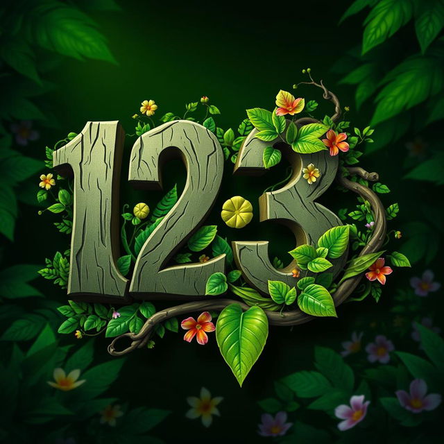 A logo design featuring the numbers '12-3' artistically integrated with a Jungle theme