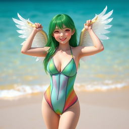 A green-haired angelic Korean girl wearing a stylish One Piece swimsuit
