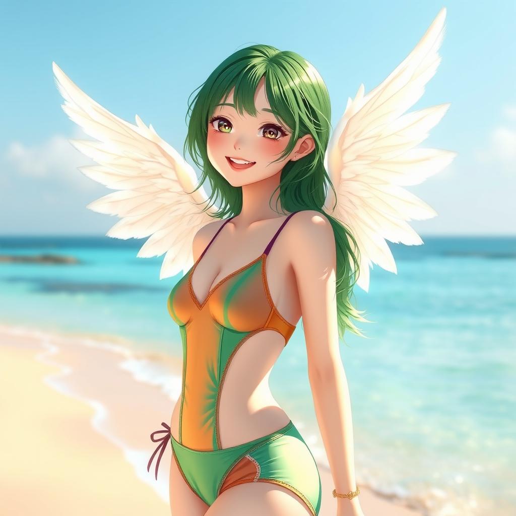 A green-haired angelic Korean girl wearing a stylish One Piece swimsuit