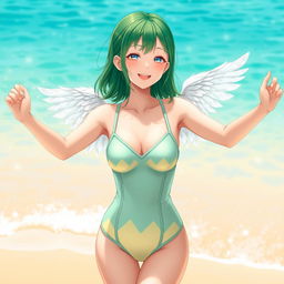 A green-haired angelic Korean girl wearing a stylish One Piece swimsuit